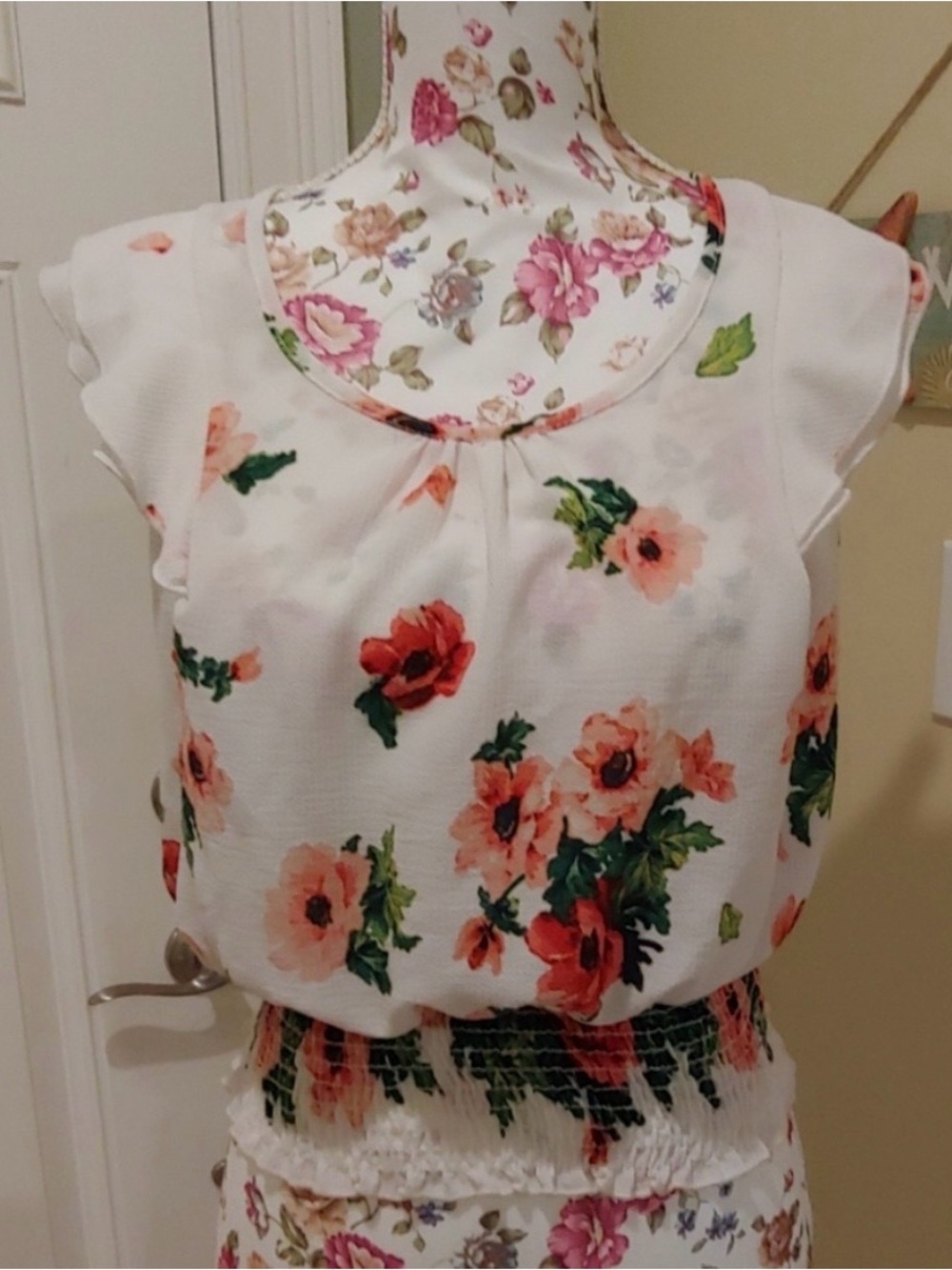 Papaya White Floral Peplum Blouse with Coral and Green Print